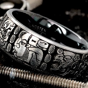Mayan Ring, Antique Mayan Ring, Vintage Mayan Ring, Mayan Calendar Ring, Mayan Zodiac Ring, Men&#39;s Tungsten Ring, Custom Made Tungsten Ring,