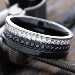 Black Titanium Ring with White and Black Cubic Zirconia Stones, Tungsten Wedding Band, Engraved Personalized Ring for Him and Her