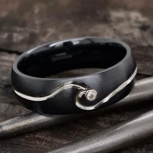 Black Zirconium Ring, Mens Diamond Ring, Wave Ring, Diamond Black Ring, Custom Made Ring, Custom Engraved Ring, Unique Wedding Ring