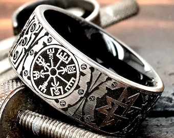 Bague en carbure de tungstène noire et argentée de 9 mm avec runes vikings