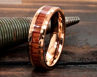 Mens Tungsten Ring - 6mm Tungsten Ring - Handmade Ring - Wood Wedding Band - Rose Gold Ring - Wood Tungsten Ring - Rose Gold Wedding Band