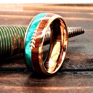 Tungsten Ring, Mens Tungsten Ring, Wooden Wedding Band, Ring with Arrow, Green Malachite Wood Tungsten Ring, Rose Gold Wood Tungsten Ring
