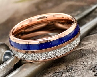 Meteorite Ring, Lapis Lazuli Ring, Mens Tungsten Ring, Womens Tungsten Ring, Rose Gold Mens Ring, Blue Rose Gold Ring, Lapis Tungtsen Ring