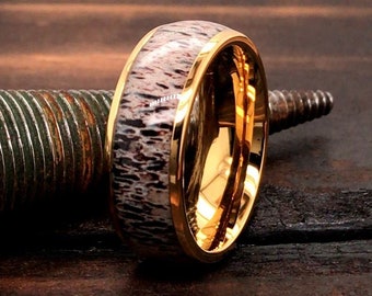 Herren Wolfram Ring, Gold Ehering, Ehering für Männer, Geweih Ehering, echte Geweih Ring, Geweih Ring, Herren Geweih Ring