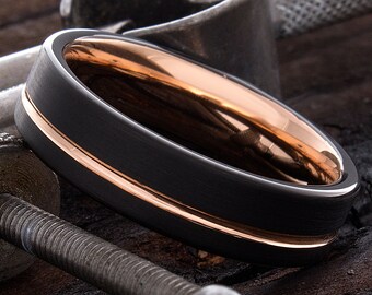 Anel de tungstênio em ouro rosa - Anel de tungstênio preto - Anel de casamento masculino - Anel de aniversário - Anel de noivado - Anel de promessa - Anel gravado