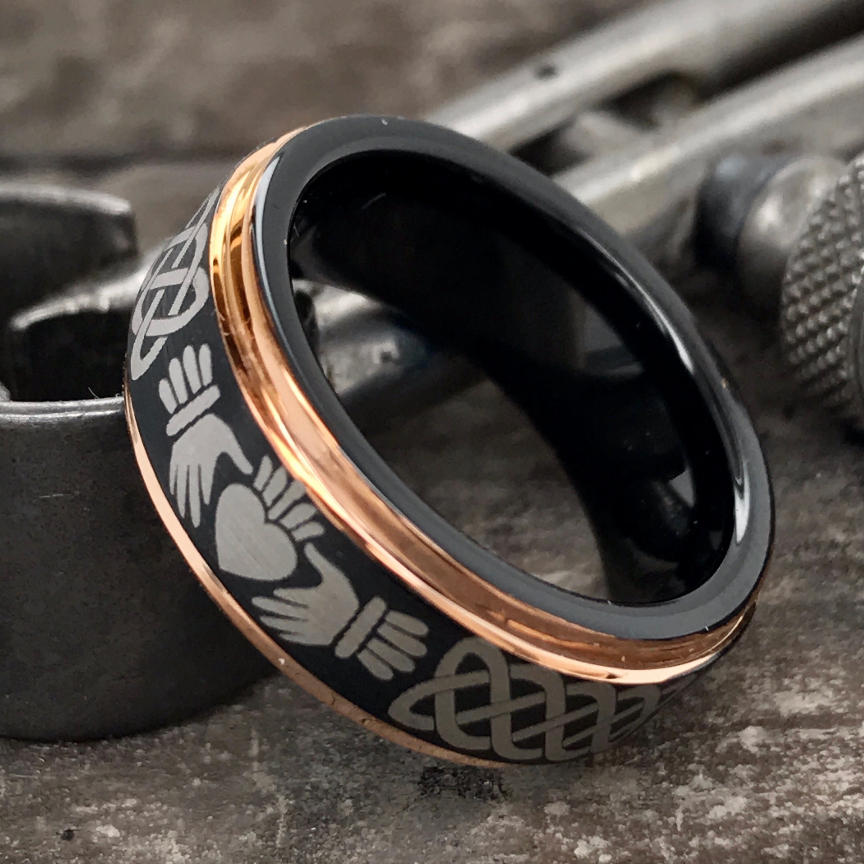 Jewelry Avalanche Celtic Claddagh Tungsten Ring - 8mm 2-Tone Black & Rose Gold Comfort Fit Wedding Band | Cobalt Free