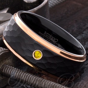 Diamond Hammered  Tungsten Ring - Tungsten Ring - Black Hammered Ring - Black Tungsten Ring - Mens Wedding Ring - Anniversary Ring