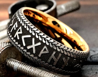 Bague en tungstène or rose 8 mm avec runes vikings, alliance nordique personnalisée pour homme, cadeau viking gravé, confort optimal.