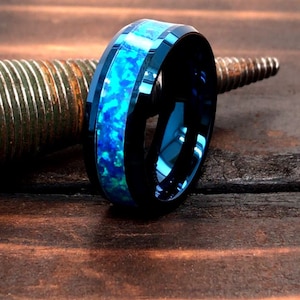Tungsten Band, Mens Tungsten Ring, Wedding Band for Men, 8mm Wedding Band, Blue Wedding Band, Opal Wedding Ring, Blue Opal Ring