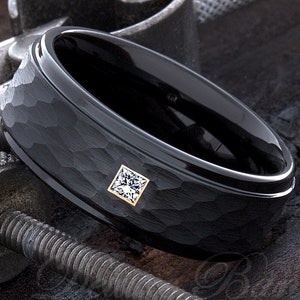 Mens Wedding Ring - Diamond Mens Ring - Mens Diamond Ring - Tungsten Rings - Tungsten Bands - Black Hammered Ring - Mens Diamond Ring