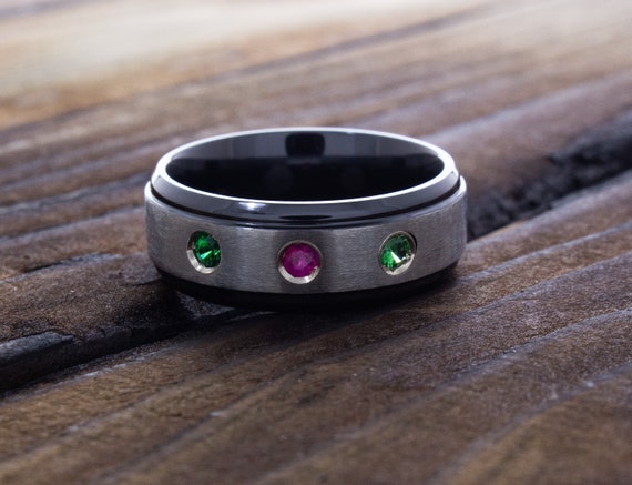 Black Tungsten Ring With Three Customizable Birthstones