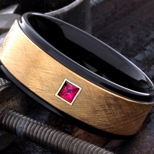 Tungsten Ring - Black Gold Tungsten Ruby Ring - Black Tungsten Ring - Birthstone Ring - Promise Ring - Mens Wedding Ring - Anniversary Ring