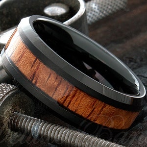 Tungsten Wedding Ring, Tungsten Wood Ring - Mens Wood Ring - Ring For Him - Engraved Ring - Personalized Ring - Comfort Fit