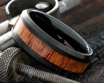 Tungsten Wedding Ring, Tungsten Wood Ring - Mens Wood Ring - Ring For Him - Engraved Ring - Personalized Ring - Comfort Fit