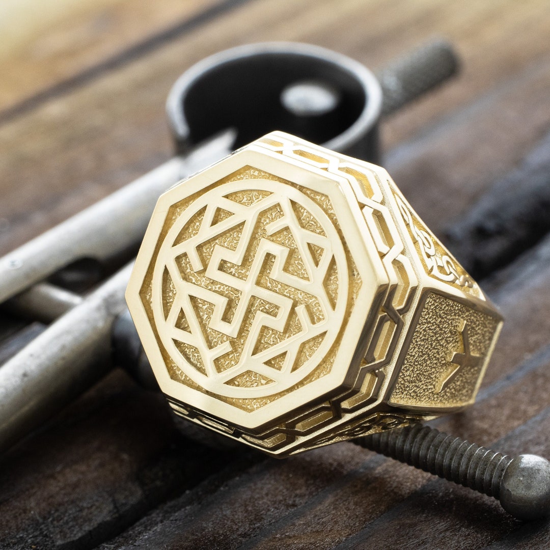 Slavic Rings Solid Gold Viking Ring, Slavic Sun Cross Ring, Norse Ring, Men's Gold ...