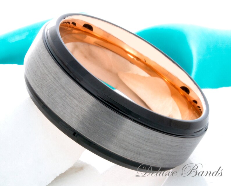 Tungsten Wedding Ring 8mm Black Rose Gold Brushed Mens Womens Anniversary Ring His Hers Tungsten Band Promise Engagement Ring Matching Ring
