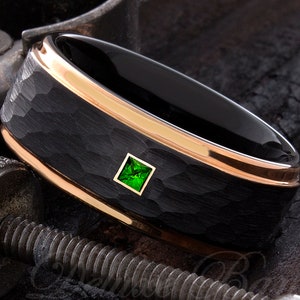 Black Tungsten Ring - Rose Tungsten Ring - Hammered Ring - Mens Wedding Ring - Anniversary Ring - Engagement Ring - Mens Emerald Ring