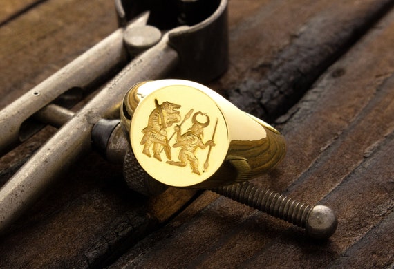 Viking Warrior Solid Gold Signet Ring, Norse Men's Ring, Wax Seal