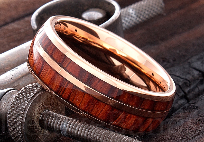 Rose Gold Wood Tungsten Ring Men's Tungsten Wedding Band - Etsy