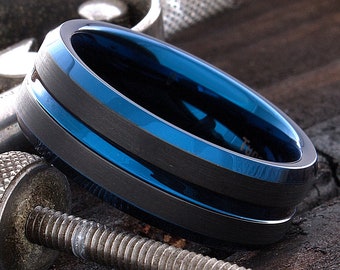 Black Tungsten Ring - Blue Tungsten Ring - Mens Tungsten Band - 8mm Tungsten Ring - Tungsten Ring - Wedding Band For Men - Anniversary Ring