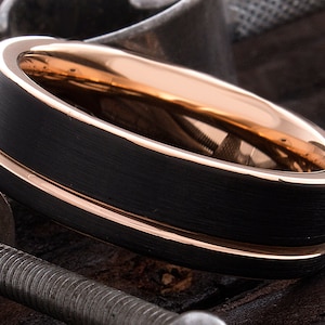 Rose Gold Tungsten Ring - Black Rose Tungsten Band - 6mm Flat Tungsten Ring - Mens Tungsten Ring - Mens Wedding Ring - Anniversary Ring