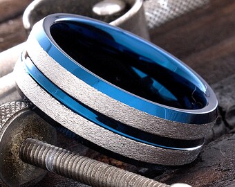 Blauwe Tungsten Ring - Mens Tungsten Band - Blue Wedding Band - Silver Blue Tungsten - Mens Tungsten Ring - 8mm Tungsten Wedding Ring