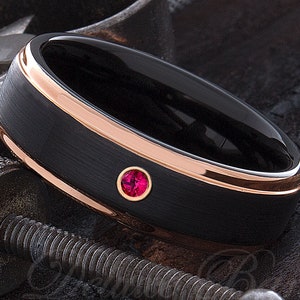 Ruby Tungsten Ring - Mens Tungsten Ring - Wedding Ring For Him - Engagement Ring - Womens Ruby Ring - 7mm Black Rose Gold Tungsten Ring