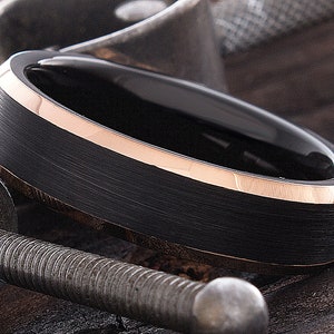 Mens Wedding Band - 6mm Black Tungsten - Rose Gold Mens Ring -= Mens Wedding Ring - Anniversary Ring - Mens Promise Ring