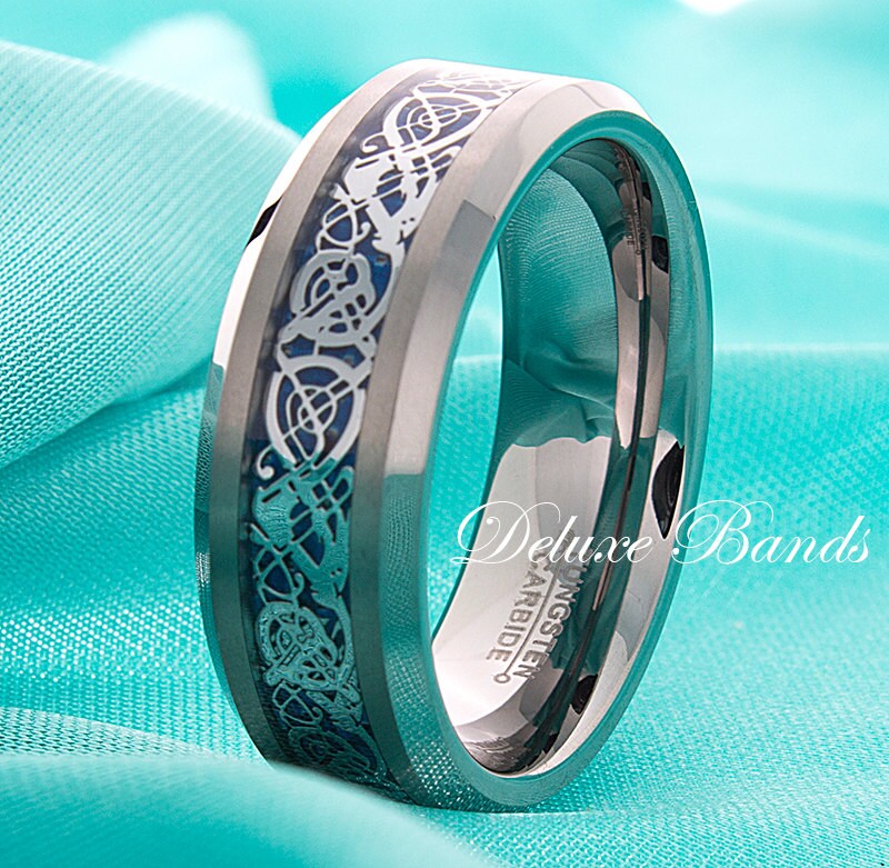 Blue Celtic Dragon Mens Wedding Ring 8mm Beveled Edges Etsy