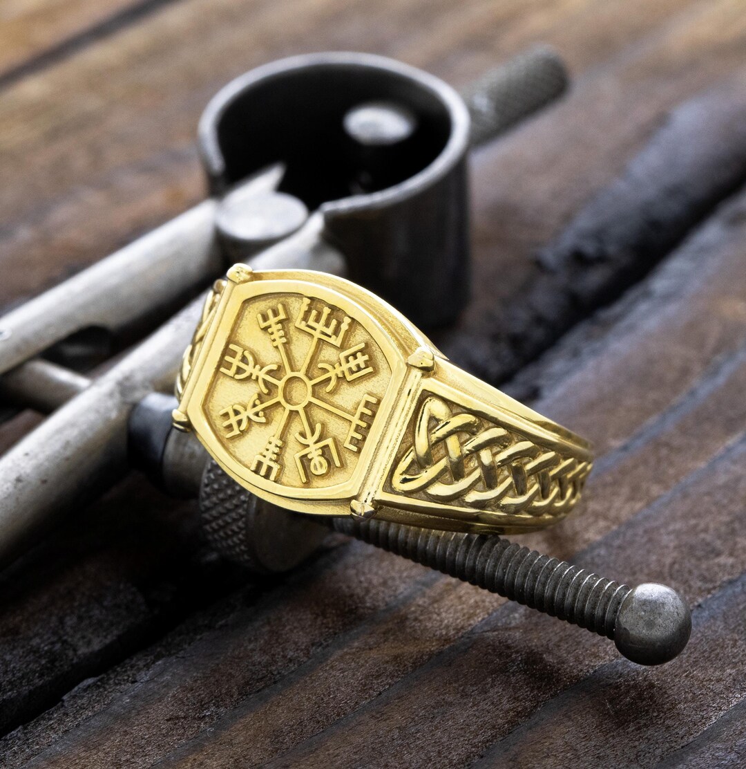 Viking Gold Rings Norse Compass Gold Signet Ring, Vegvisir Signet Ring, Norse Viking Gold ...