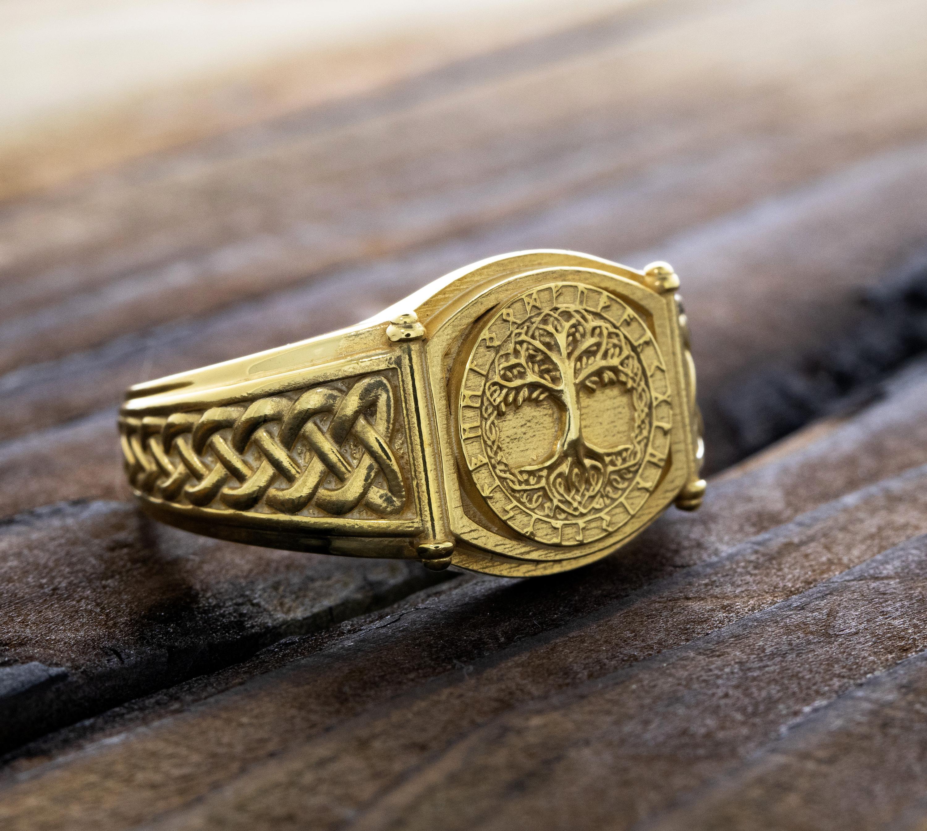 Viking Gold Rings Tree of Life Gold Signet Ring, Yggdrasil Signet Ring, Norse Viking Gold ...