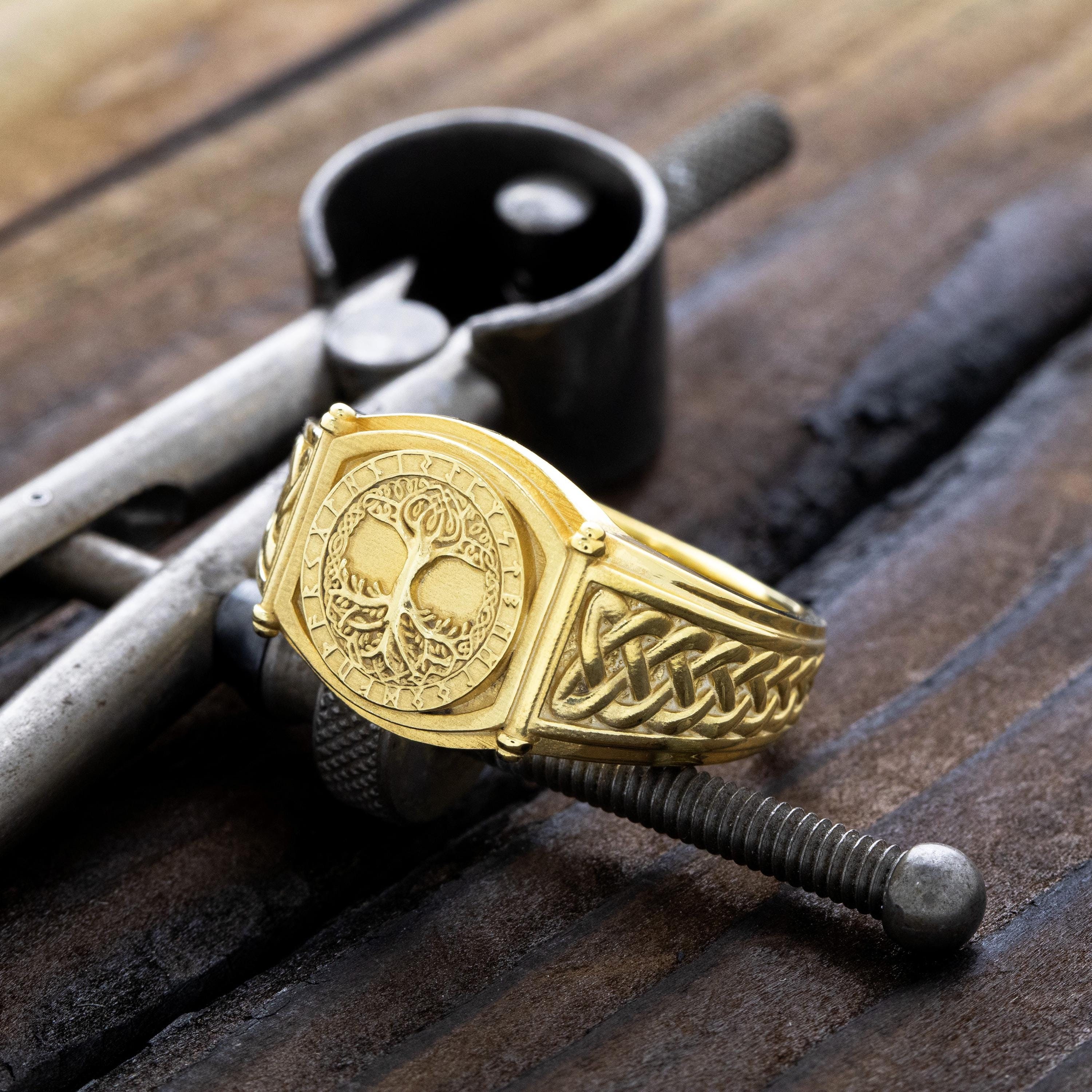 Viking Gold Rings Tree of Life Gold Signet Ring, Yggdrasil Signet Ring, Norse Viking Gold ...