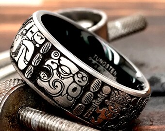 Tungsten Ring, Mens Tungsten Ring, Wedding Ring, Aztec Wedding