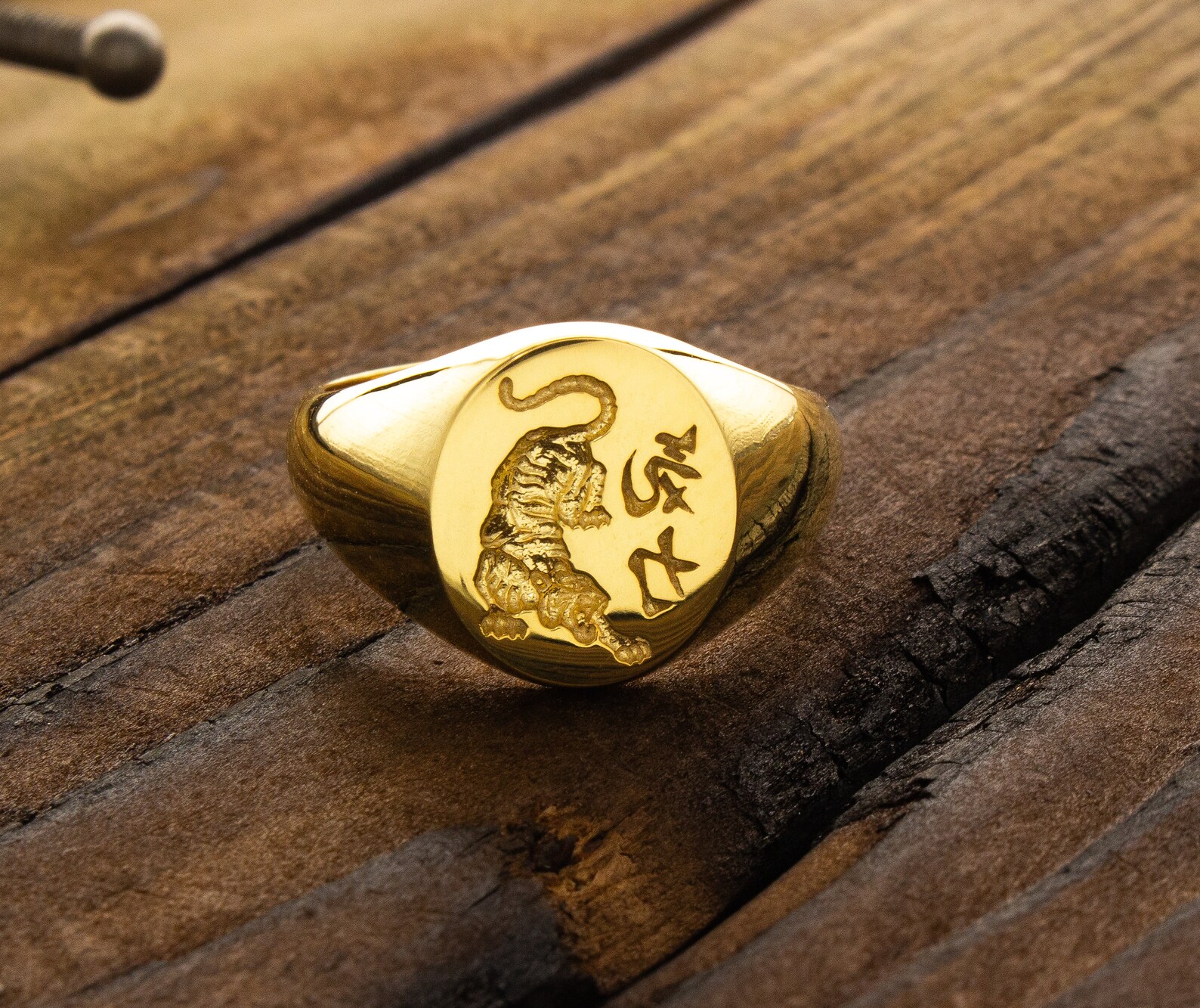 Japanese Tiger and Willpower Solid Gold Wax Seal Signet Ring ...