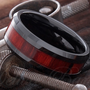 Black Ceramic Ring - Red Wood Ring - Wood Inlay Band - Anniversay Ring - 8mm Wood Ring - Promise Ring - Ceramic Wood Ring - Personalized