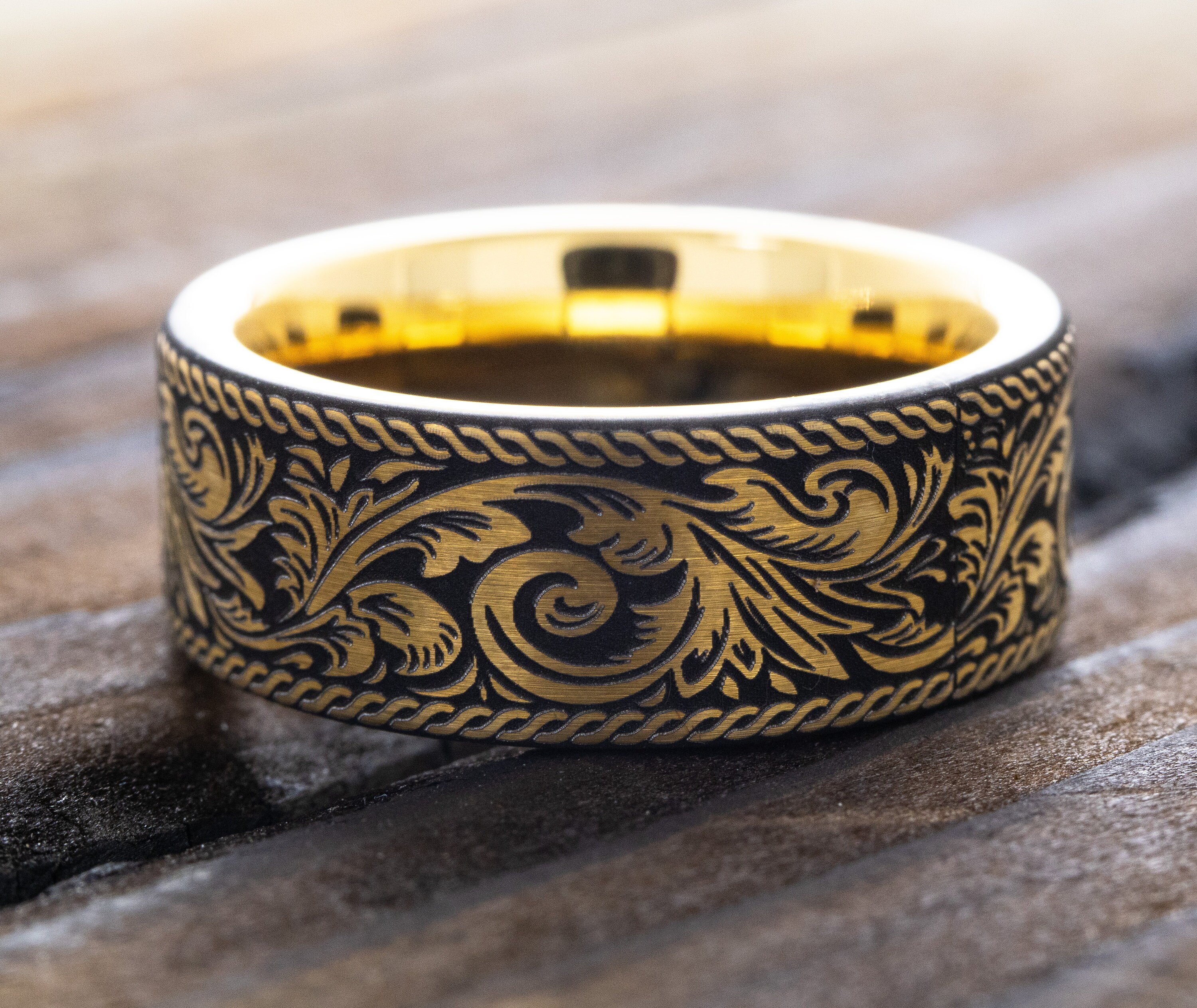 victorian-floral-gold-plated-tungsten-wedding-band-8mm-yellow-gold