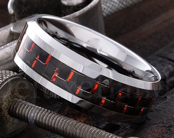 Anillo de tungsteno - Anillo de incrustación roja - Fibra de carbono roja - Banda de tungsteno - Anillo de boda - Anillo de tungsteno para hombre - Anillo de tungsteno de 8 mm - Personalizado