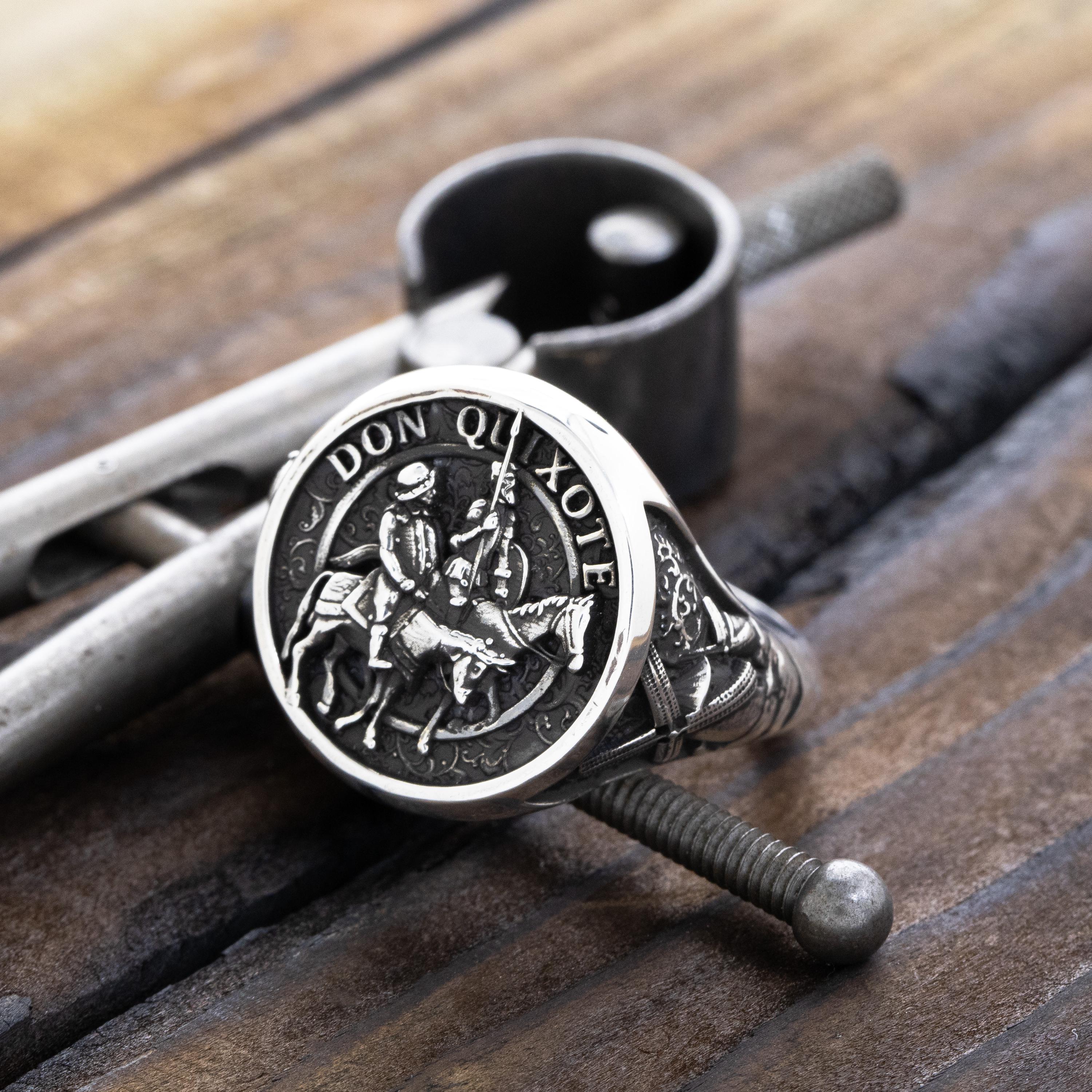 Don Quixote Sterling Silver Signet Ring, Spanish Silver Signet 