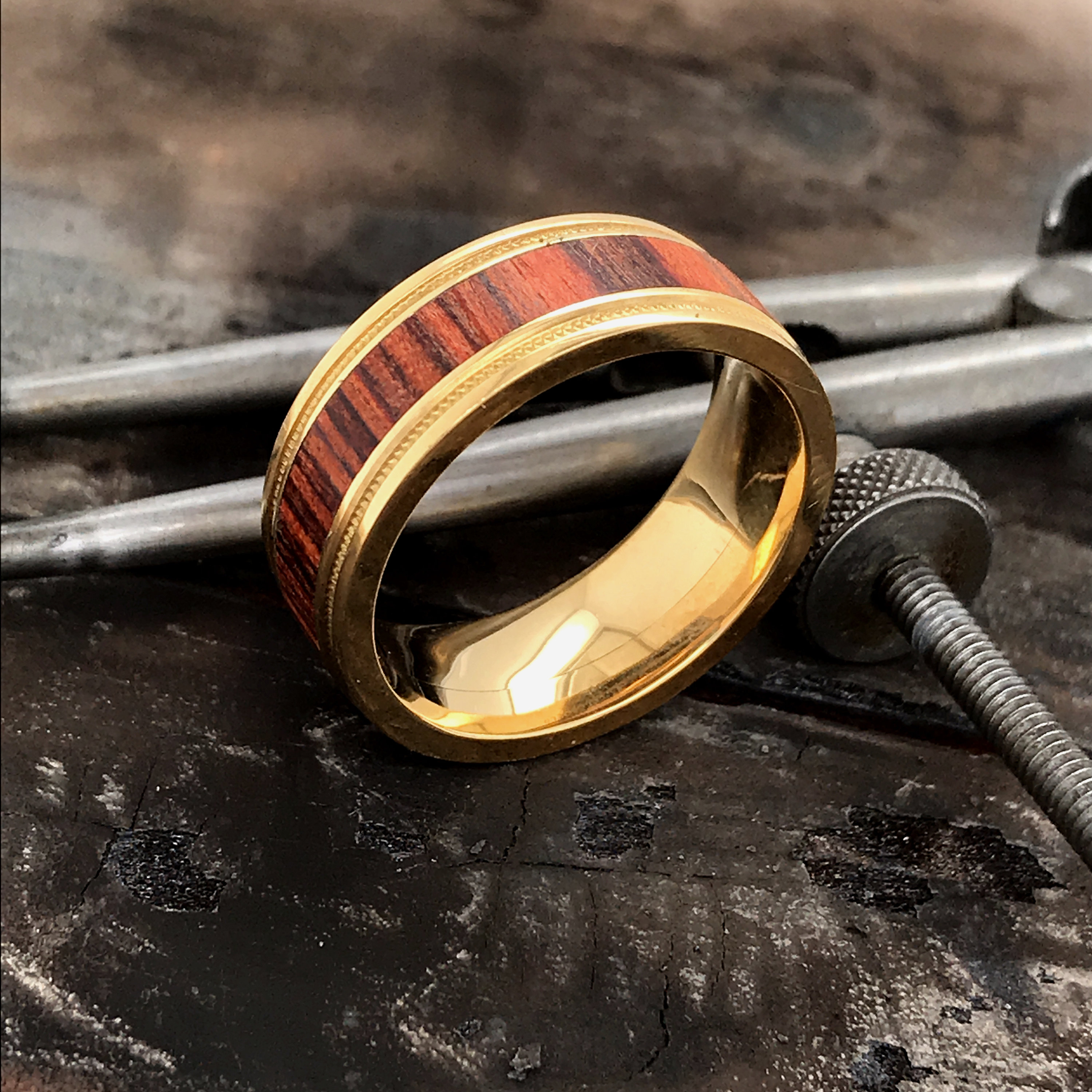 Gold Wedding Ring Wood Wedding Ring Mens 14k Gold Ring Gold Etsy