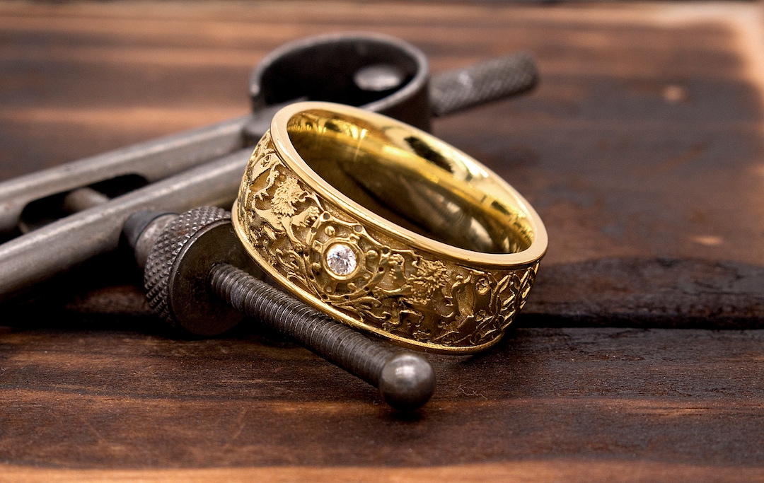 Gold Lion Ring, Diamond Ring, Medieval Ring, Shield Ring, Solid 14k Yellow  Gold, Medieval European Wedding Ring, Men's Wedding Band, Custom