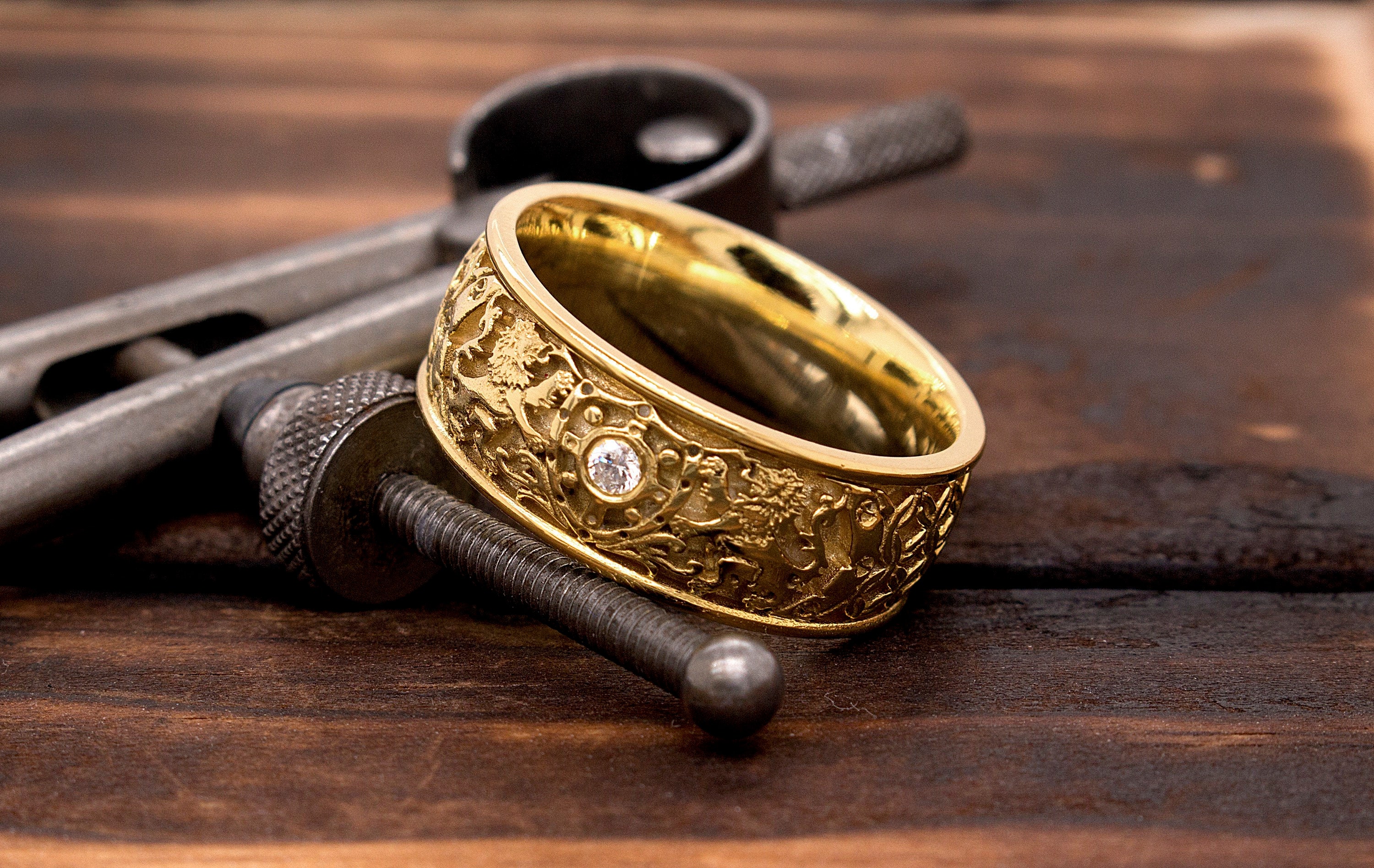 Gold Lion Ring, Diamond Ring, Medieval Ring, Shield Ring, Solid 14k ...
