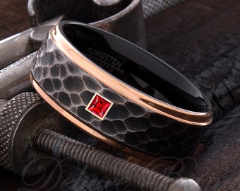 Mens Wedding Ring - Hammered Ring - Ruby Tungsten Ring - Ruby Engagement Ring - Mens Wedding Band - Tungsten Carbide - Gemstone Band