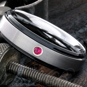 Mens Tungsten Ring - Wedding Ring For Him - Engagement Ring - 6mm Tungsten Ring - Tungsten Ruby Ring - Ruby Tungsten Ring - Anniversary Ring