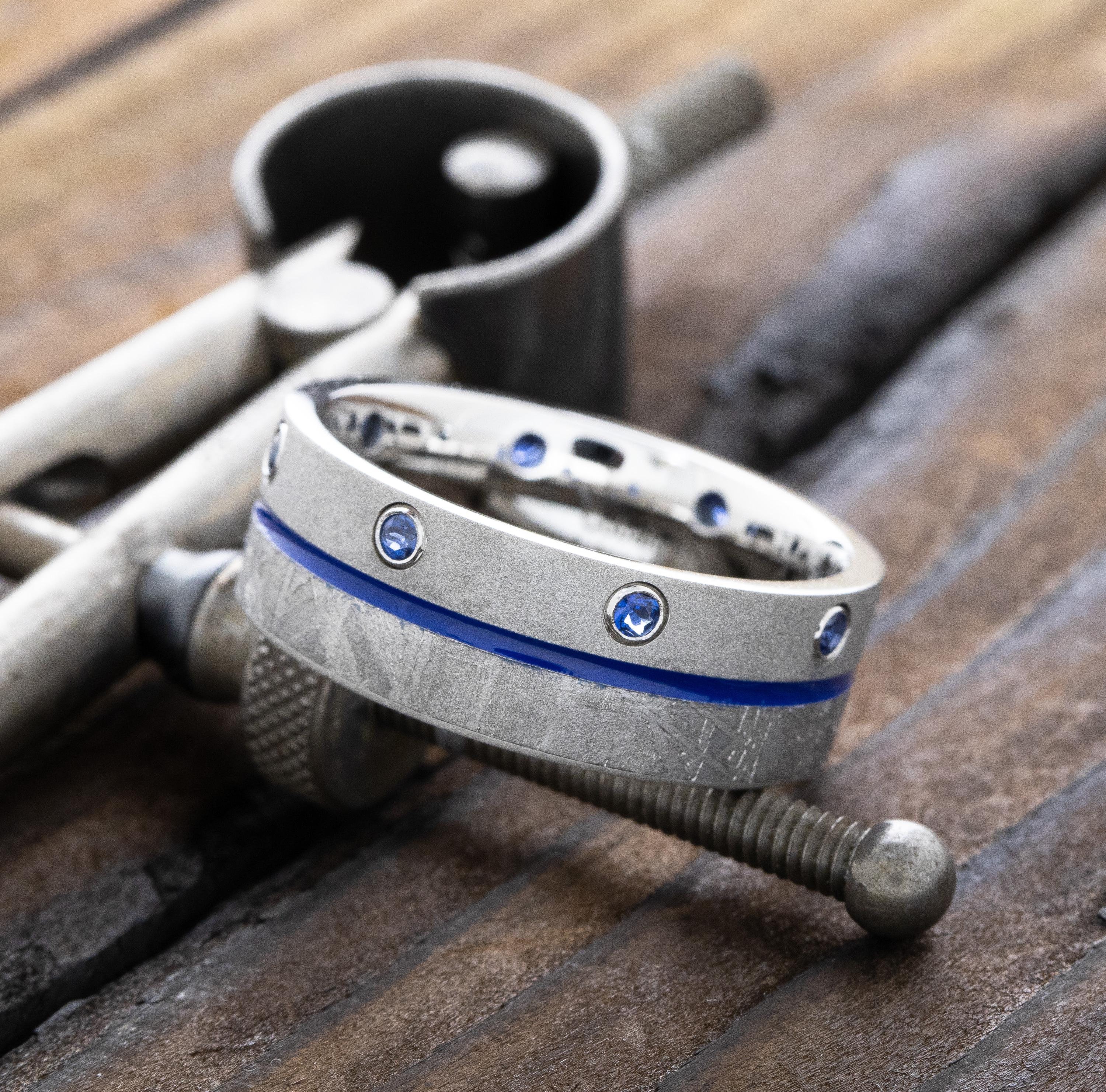 Cobalt Wedding Band With Genuine Meteorite and Eight Gemstones 