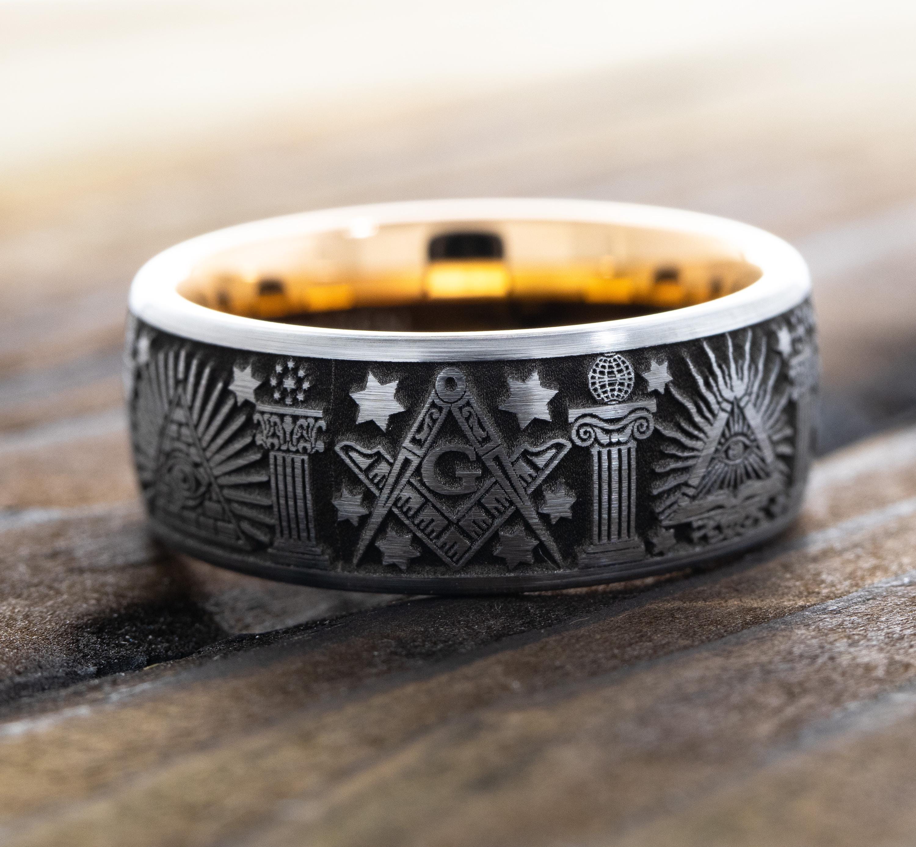 Custom Masonic Tungsten Ring With Shrine and Billiken Symbol, 8mm ...