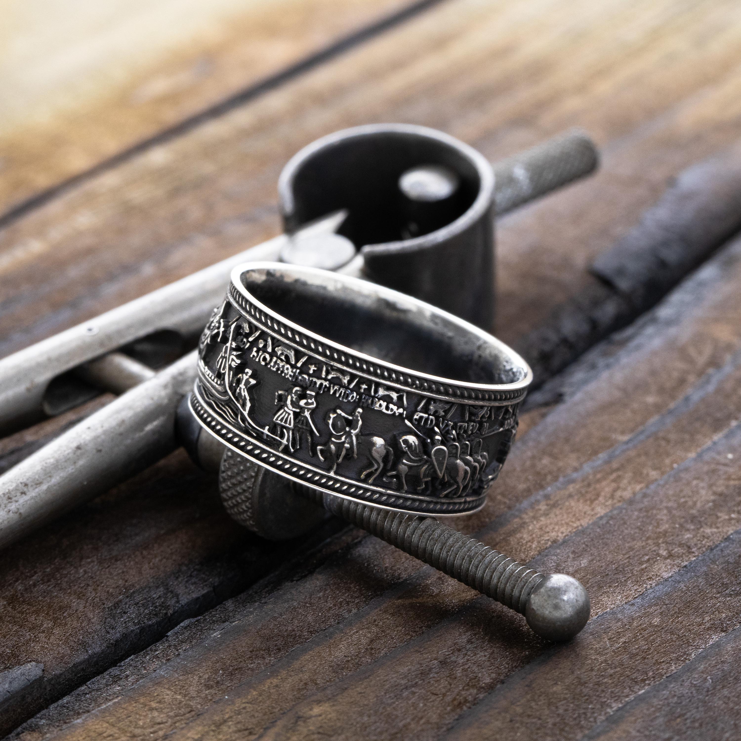 Bayeux Tapestry Silver Wedding Ring, 10mm Medieval Warrior Ring 