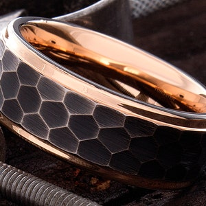 Hammered Tungsten Ring - Rose Gold Tungsten Ring - Custom Engraving - 8mm Tungsten Ring - Honeycomb Ring - Mens Wedding Ring - Comfort Fit