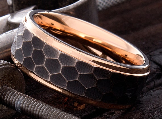 Hammered Tungsten Ring Rose Gold Tungsten Ring Custom Engraving 8mm  Tungsten Ring Honeycomb Ring Mens Wedding Ring Comfort Fit 