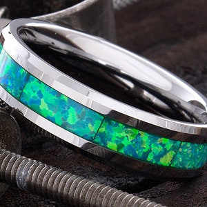 Mens Opal Ring - Opal Wedding Band - Opal Inlay Ring - Birthstone Wedding Band - Women&#39;s Opal Band - Engraved Ring - Tungsten Wedding Band