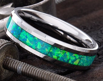 Mens Opal Ring - Opal Wedding Band - Opal Inlay Ring - Birthstone Wedding Band - Women's Opal Band - Engraved Ring - Tungsten Wedding Band